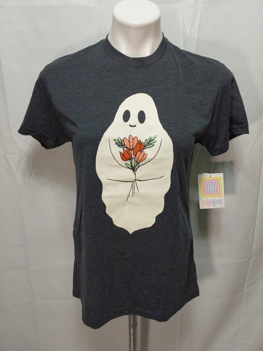LuLaRoe Rocker T XS Gray Ghost Holding Flowers T-Shirt #L222 - Picture 1 of 6